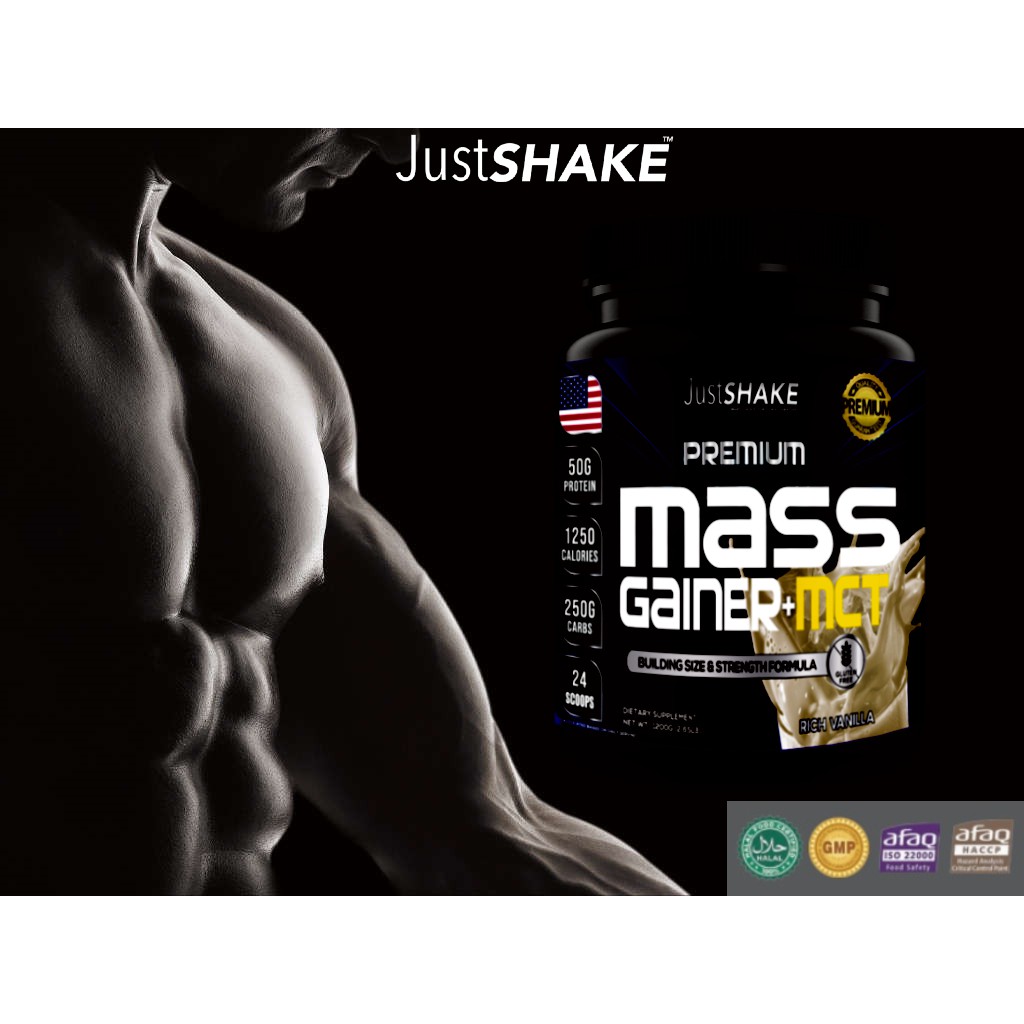 MASS GAINER+MCT PREMIUM JUSTSHAKE/SUSU PEMBENTUK OTOT PRIA DAN WANITA (1200gr)