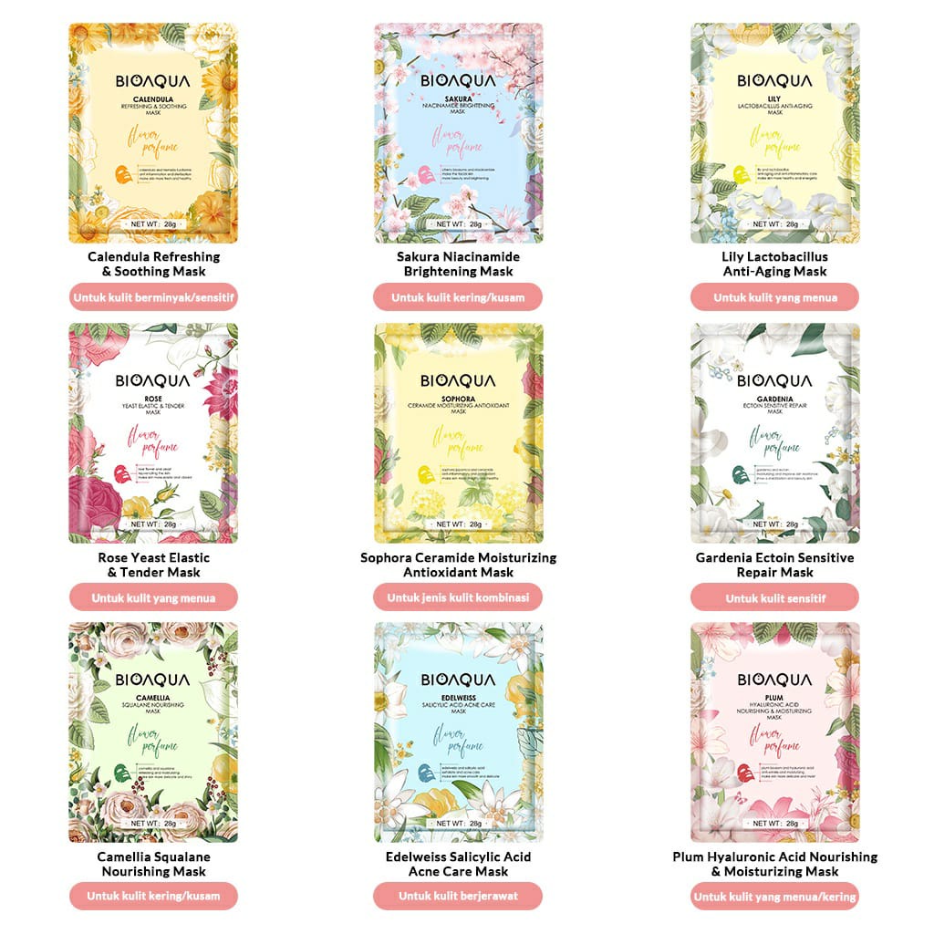 BIOAQUA Sheet Mask Masker Wajah Flowers Series (28g/pcs) Hydrating Essence Face Mask Brightening dan Anti Acne / BS