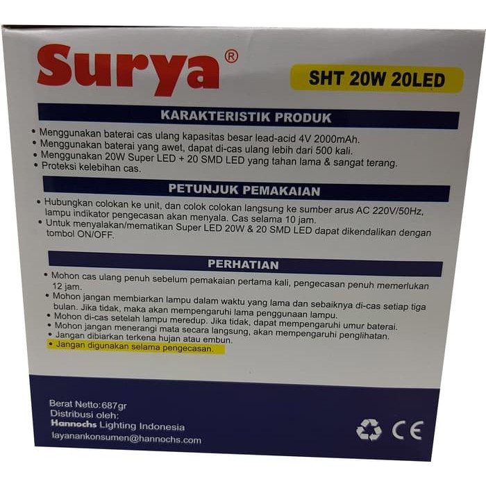 SENTER LAMPU LED SURYA SHT 20W EMERGENCY 20LED CAHAYA PUTIH SENTER LED SURYA SHT 20W