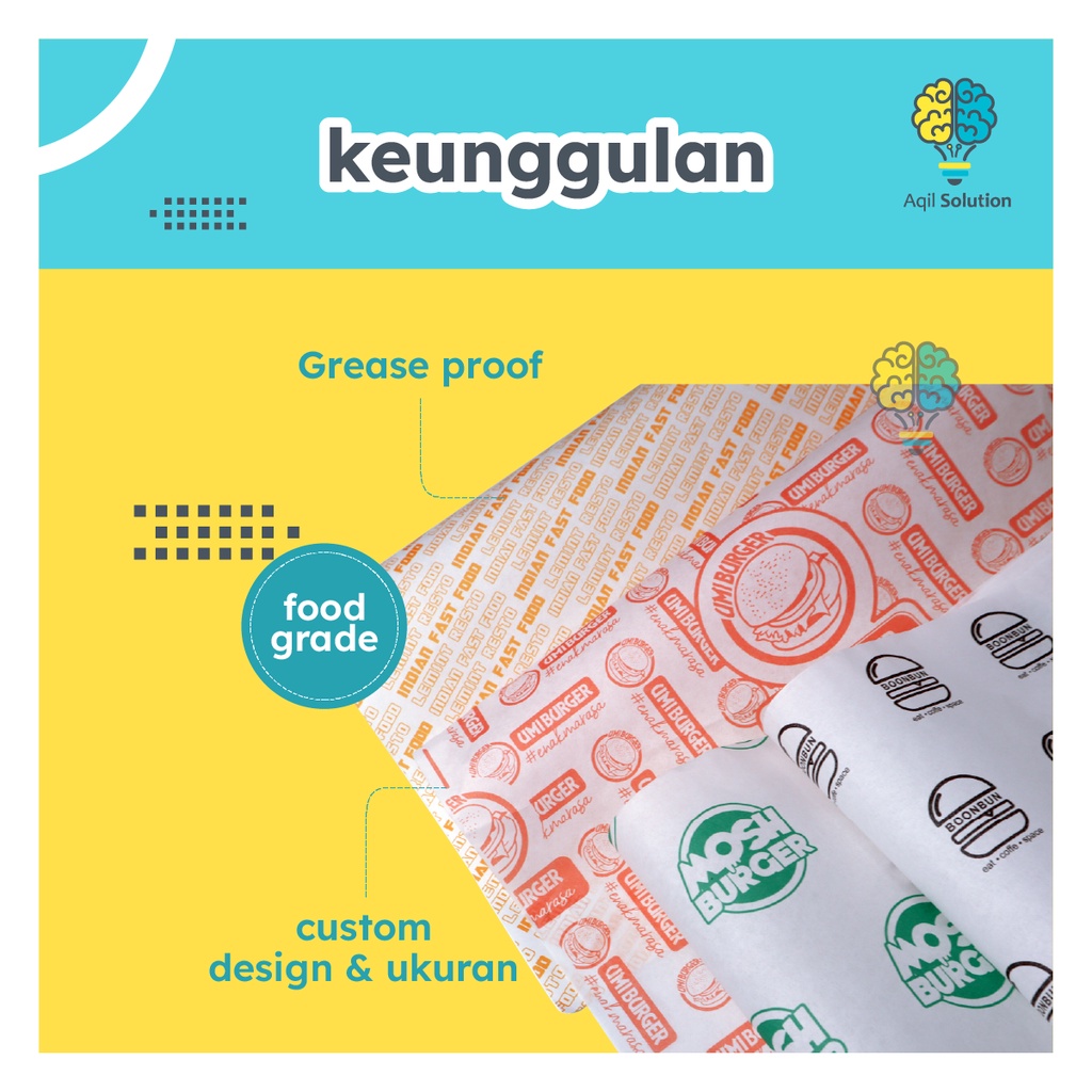 (Custom Logo min200) Kertas Roti Perlengkapan Kemasan Foodgrade Graseproof Baking Paper Bungkus Burger Makanan By Aqilsolution