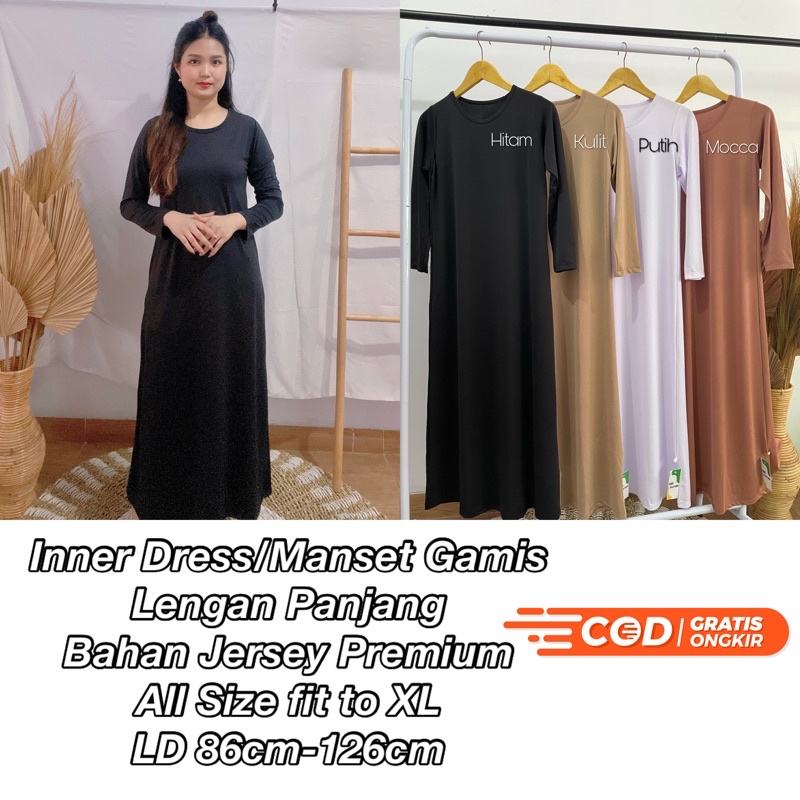 INNER DRESS/MANSET GAMIS LENGAN PANJANG/INNER DRESS LENGAN PANJANG/BAHAN JERSEY PREMIUM/DALAMAN GAMI