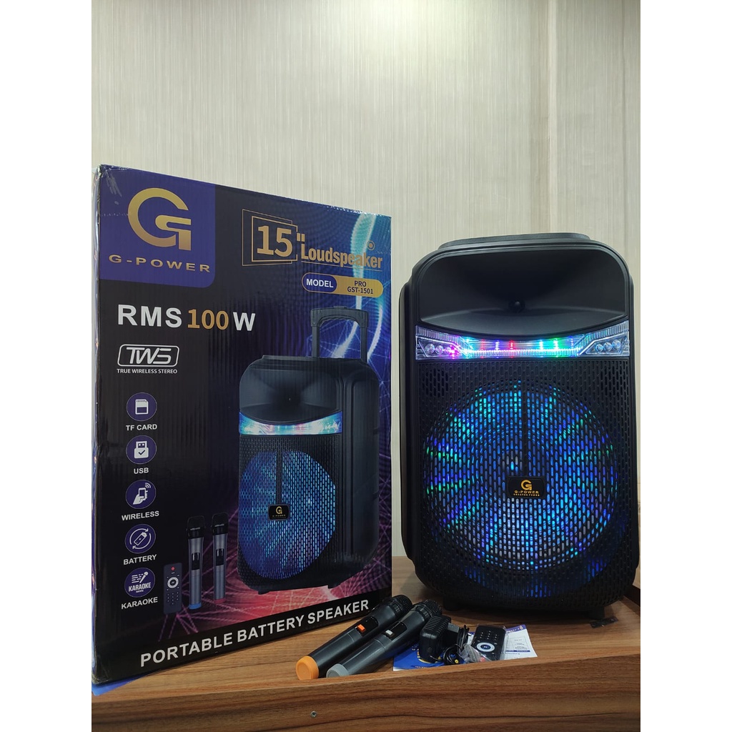 G-POWER PORTABLE BATTERY SPEAKER BLUETOOTH GST-1501 PRO 15INCH EXTRA BASS FREE 2 MICROPHONE WIRELESS ORIGINAL