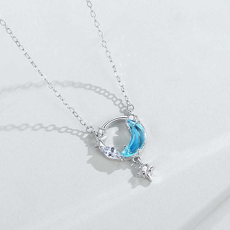Kalung S925 Sterling Silver Liontin Bulan Bintang Galaxy Aksen Kristal Berlian Gaya Korea Untuk Wanita