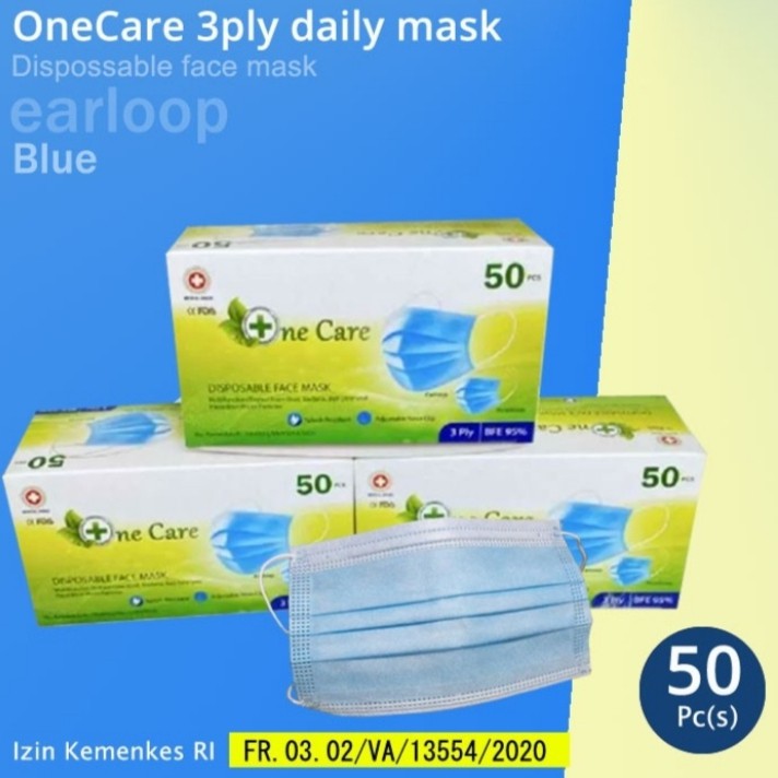 Masker Earloop One Care 3Ply Disposable Face Mask Melindungi dari Debu Bakteri Partikel Berbahaya