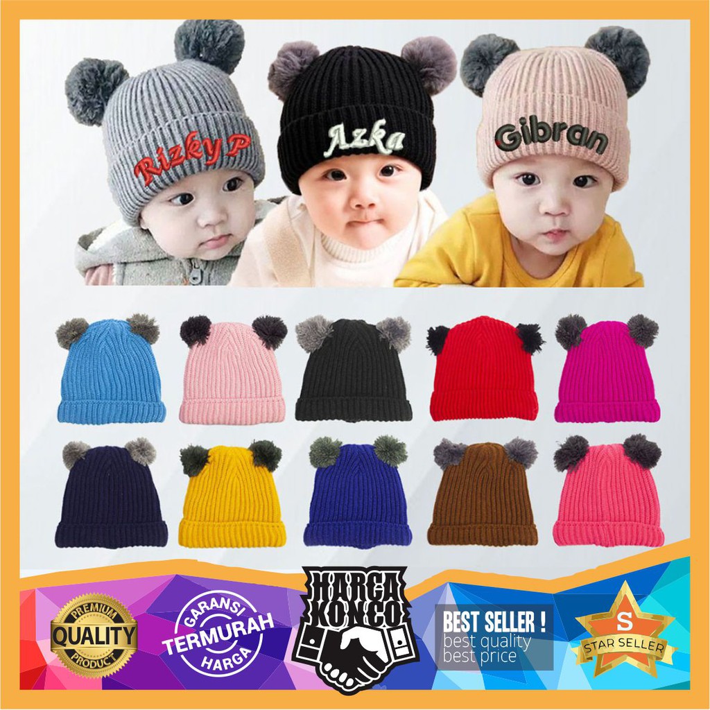 Kupluk BORDIR Pompom Anak Bayi Cewek Cowok Polos / Bordir Nama Suka Suka Topi Bayi CUSTOM