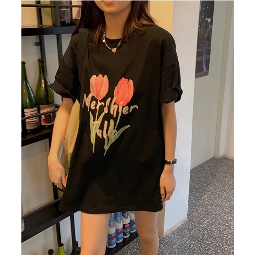 kaos hitam / t shirt original fashion / baju oversize wanita murah / baju kaos wanita lengan pendek print mawar