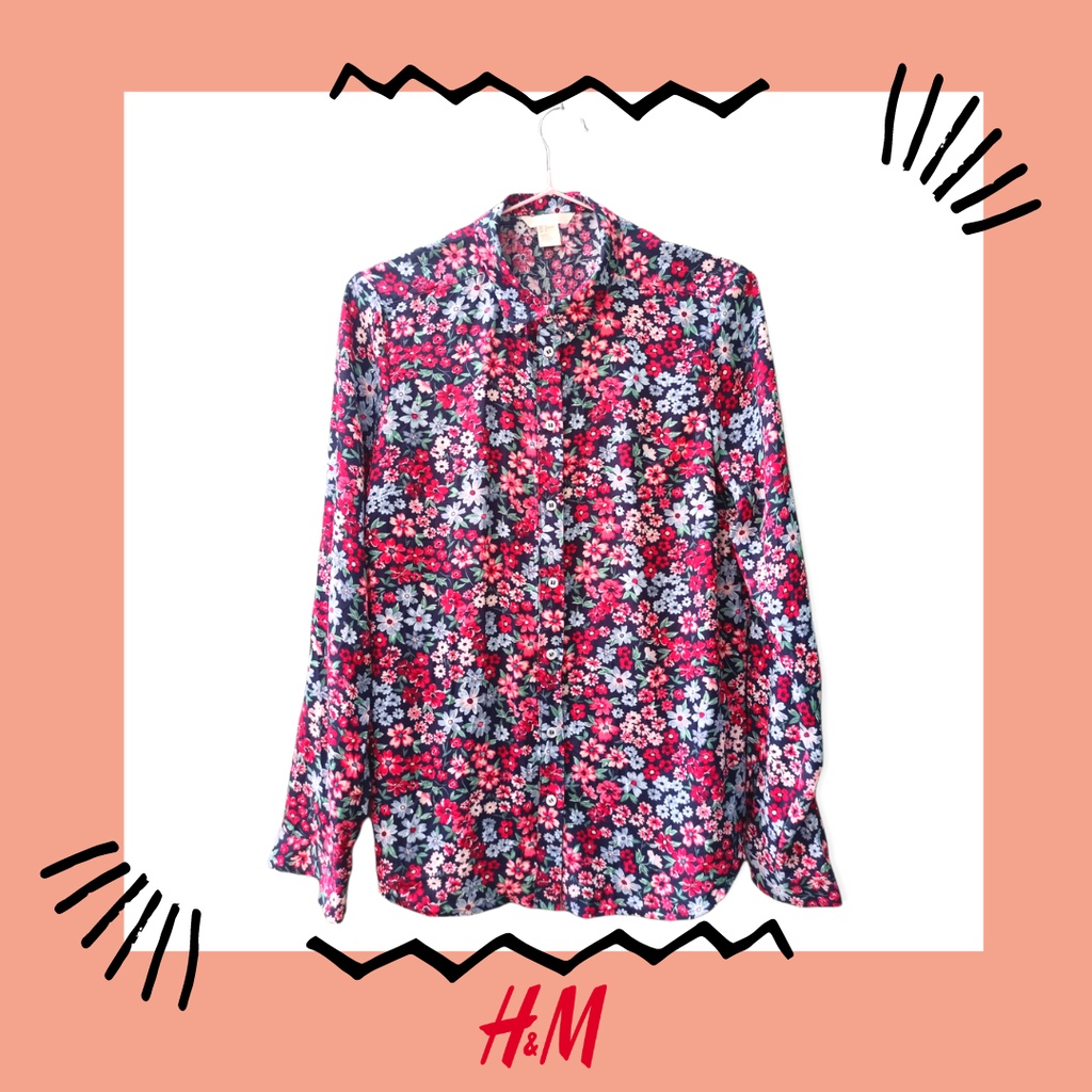 Baju Atasan Kemeja Blouse Lengan Panjang Motif Bunga Wanita H&M HnM Original