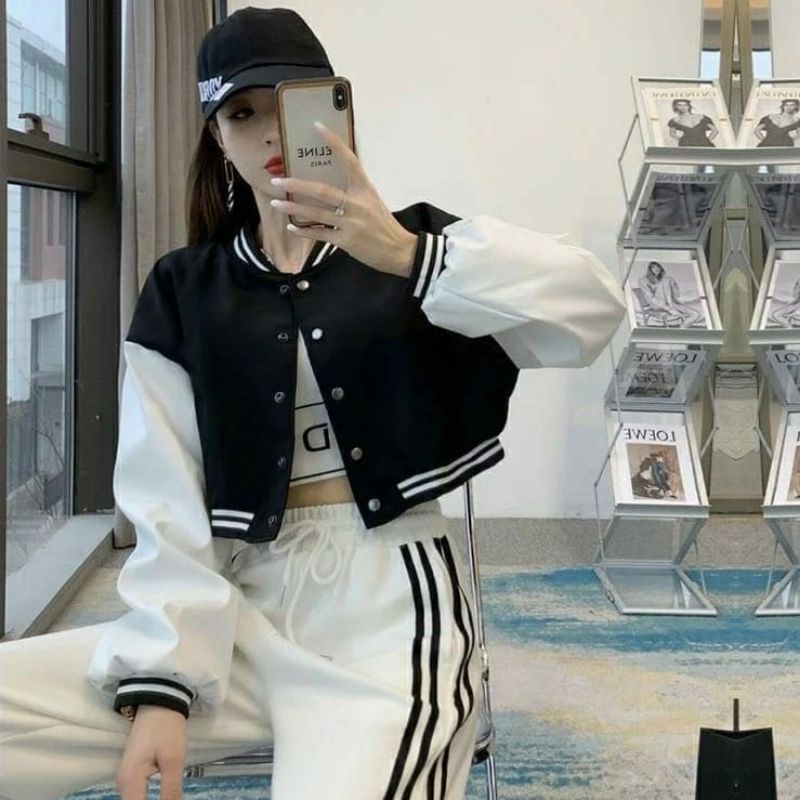 Varsity Crop Wanita Oversize Size M.L.XL| Jaket Crop Baseball Varsity Wanita Korean Style