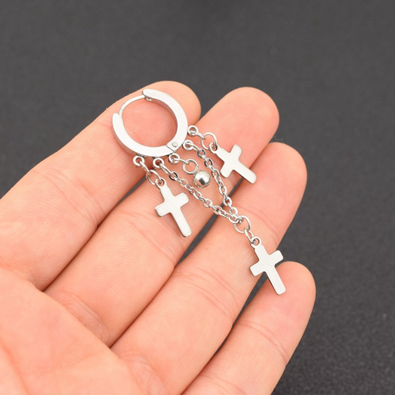 Fancyqube Anting Tindik Palsu Bahan Stainless Steel Bentuk Salib Aksen Rantai Rumbai Untuk Pria Dan Wanita