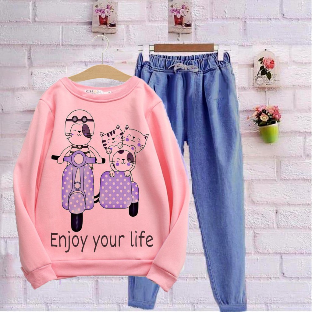 VS GG  - Baju SETELAN atasan SWEATER wanita ENJOY YOUR LIFE