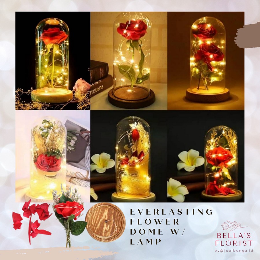 LANGSUNG KIRIM - BUNGA VALENTINE Flower Dome Lampu Kaca Ulang Tahun Kado Pacar Hadiah Unik Perempuan Graduation Buket Anniversary Awet Flower Mawar Kayu Belle flower