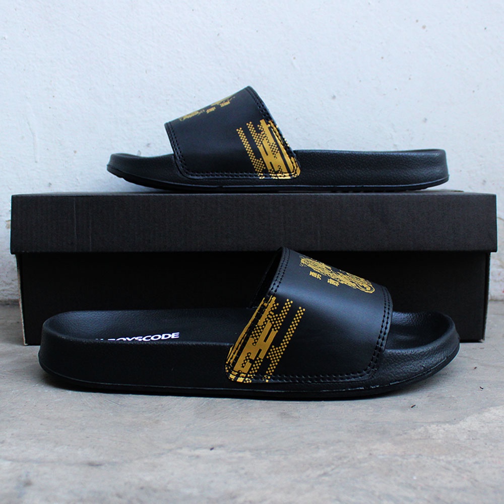 Sandal Slip On Pria Distro Terbaru Boyscode Dragon Sea Naga Laut Hitam Gold / Sandal Slop / Sandal Slide Pria