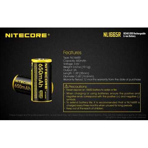 IDN TOOLS - NITECORE 16340 Micro USB Rechargeable Li-ion Battery 650mAh - NL1665R