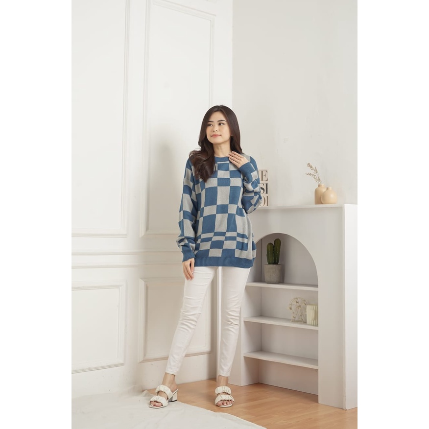 Jiny Checkered Sweater Top Motif Kotak Atasan Rajut Knit Import - K001