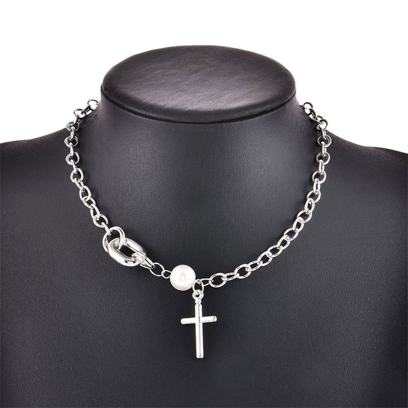 Korea Ins Cross Kalung Mutiara Clavicle Chain Aksesoris Fashion Wanita