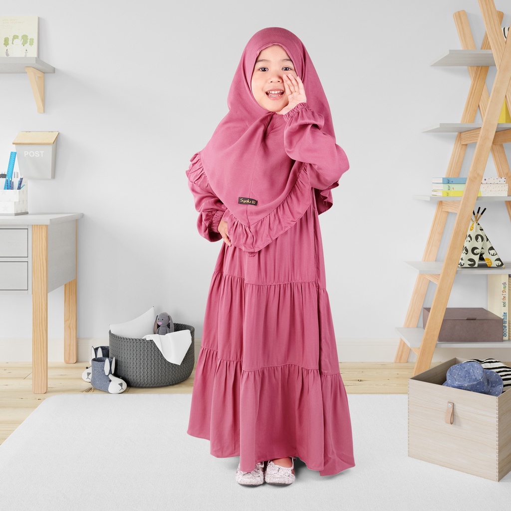 Set Gamis Rayya Ruffle Anak Usia 1 2 Tahun Terbaru Bahan Rayyon Polos Pink