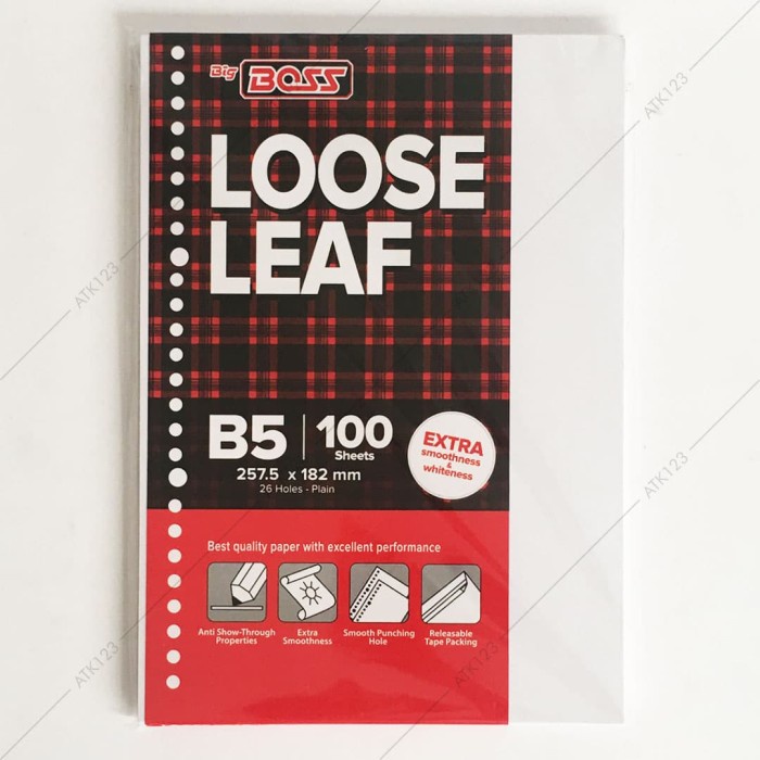 

kertas- loose leaf big boss b5 , 26 holes - polos isi 100 lembar -kertas.