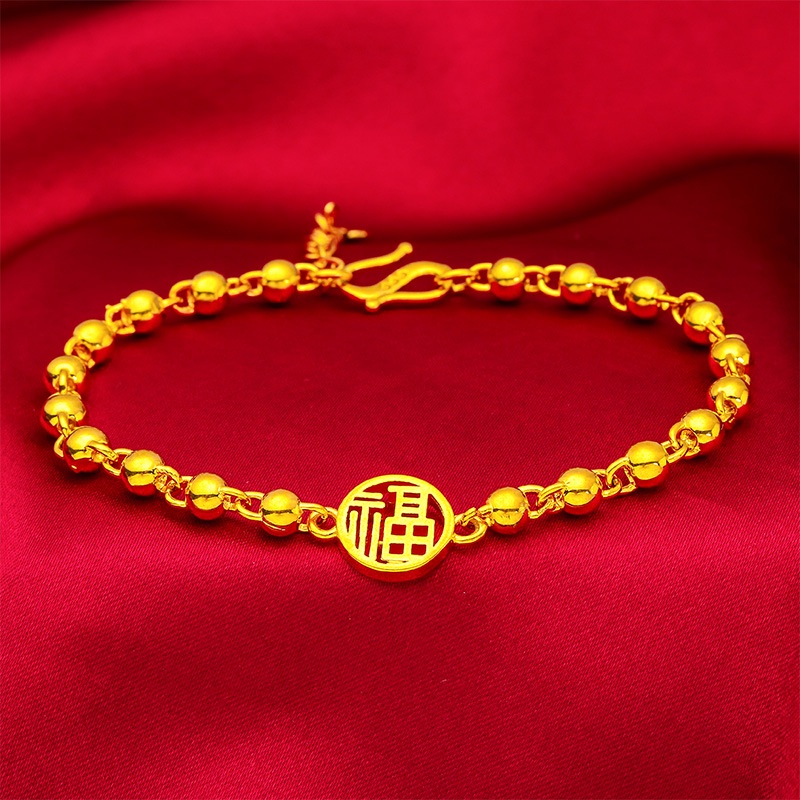 Goldkingdom Fashion Perhiasan Emas Asli Kadar 375 Bangkok Aksesoris Ready Stock Halus Manik Manik Pemain Tali Gelang Baru Wanita Buddha Manik Rantai