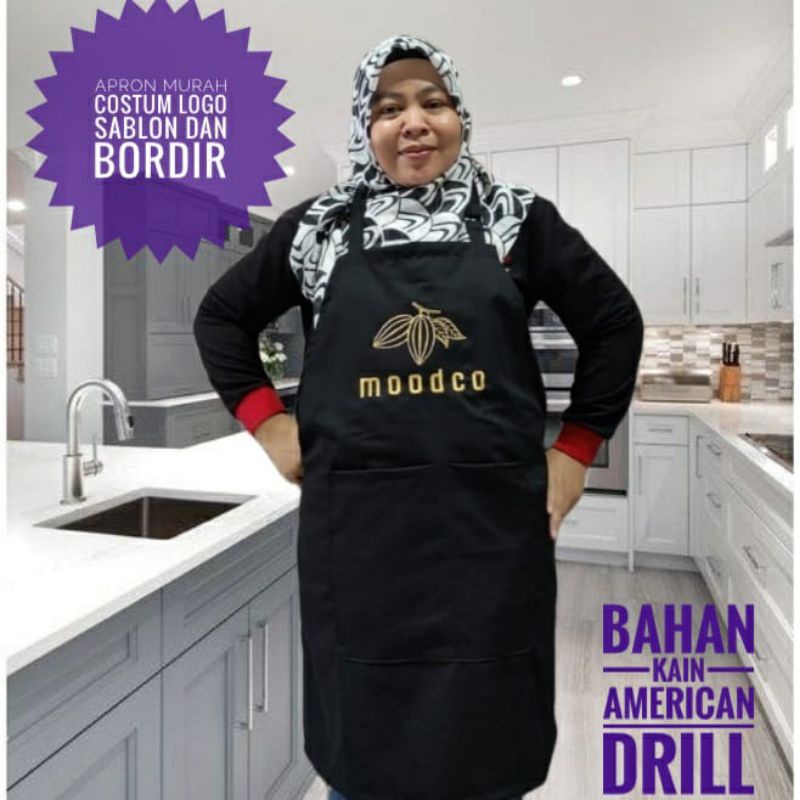 Apron Masak/Celemek Masak Polos Custom Logo Sablon dan Bordir