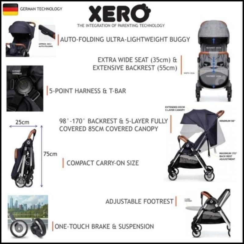 stroller XERO SUPER STRONG anak bayi newborn auto fold peeble grey oxford navy