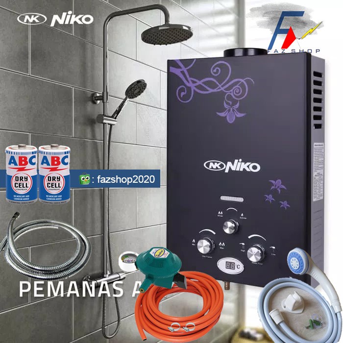 water heater pemanas air mandi gas niko LED HITAM set