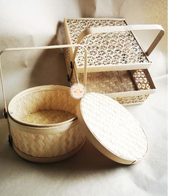 ♦ PACKAGING HAMPERS RAMADHAN LEBARAN Bambu / Rantang Bambu Bulat Anyaman Full / Keranjang Bambu ◌
