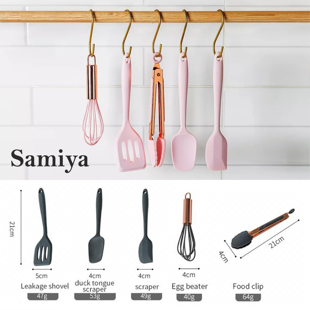 silicone kitchen utensils set mini 5in1 / alat masak set spatula egg beater shovel scraper silikon