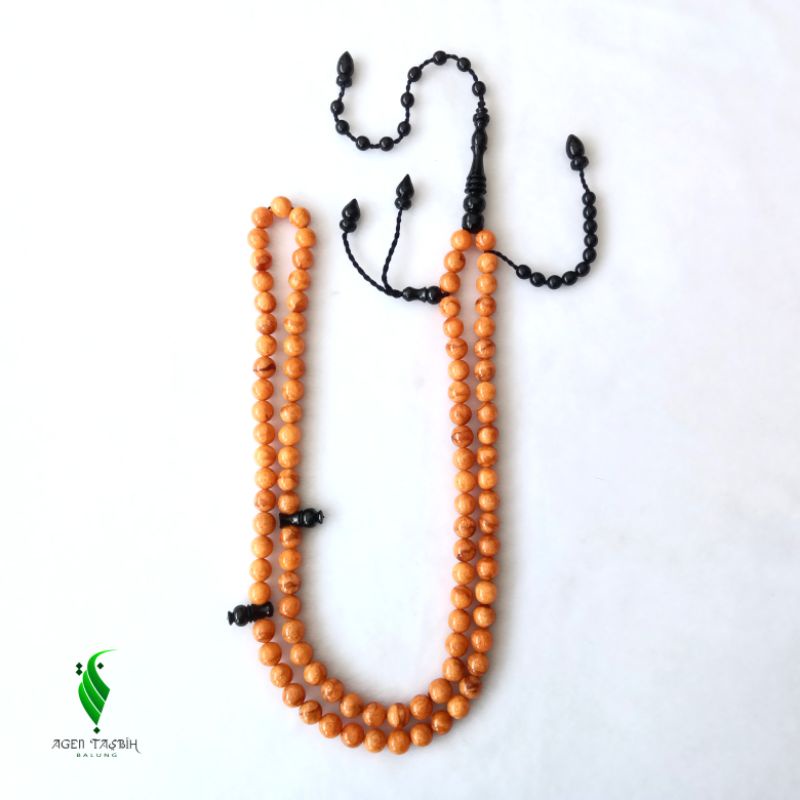 Tasbih Batu Coral Orange Marjan Orange Kepala Kayu Kelor Hitam Asli 99 Butir