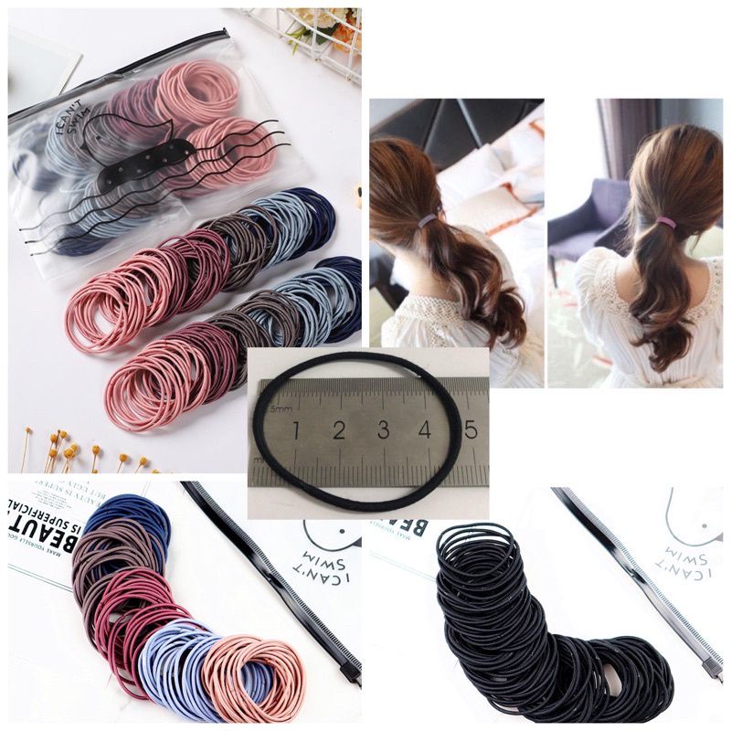 [100 PCS] Ikat Rambut Korea I Can Swim isi 100 pcs Warna Warni + Pouch-8