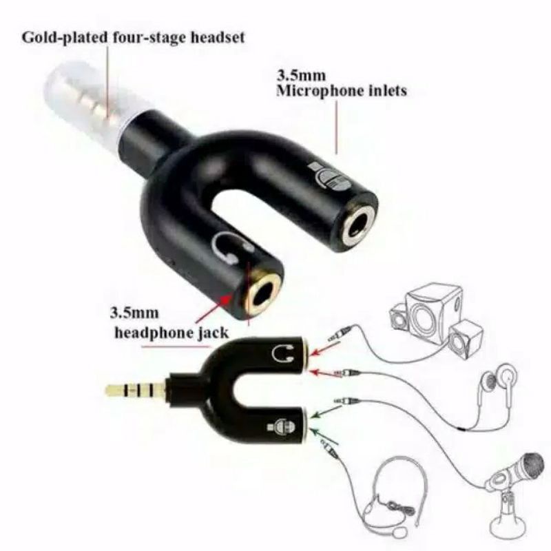 Splitter U | Sambungan Mic dan Headset atau Earphone | Pemisah/Gabungkan Mic dan Hedset | Tetta Shop