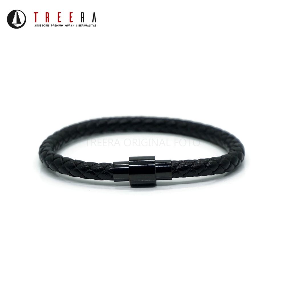 Treera - Gelang Kulit Pria Hitam Magnetic Lock Emas Hitam Original
