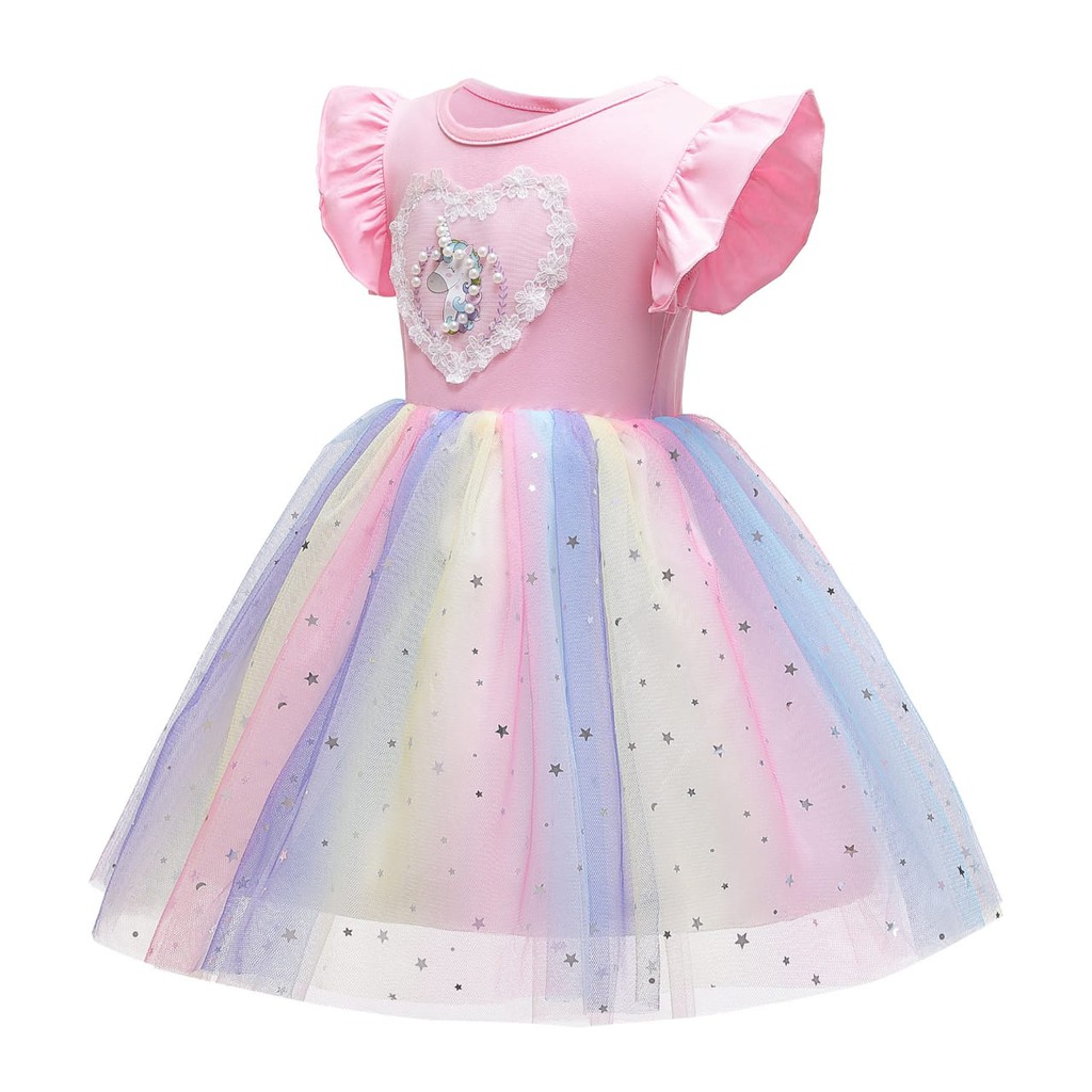 UNICORN HEART DRESS LENGAN PENDEK PANJANG / DRES PESTA RAINBOW / GAUN PRINCESS ANAK TUTU PELANGI