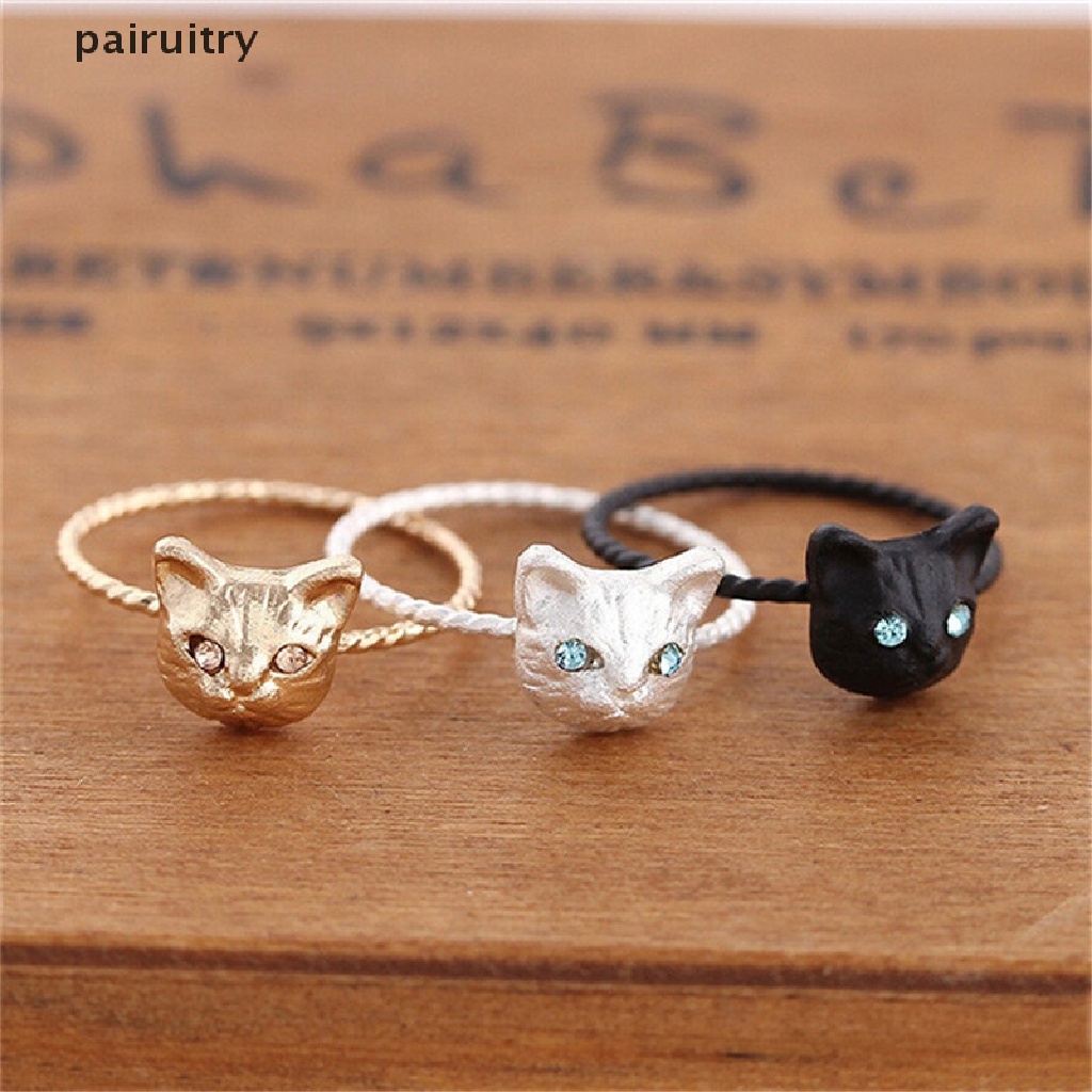 Prt 1Pc Cincin Bentuk Kucing Mini Aksen Berlian Imitasi Warna Hitamgoldsilver Untuk Wanita PRT