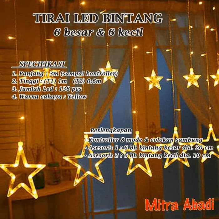 Lampu Natal Tirai LED Bintang 138 LED Panjang 3 Meter