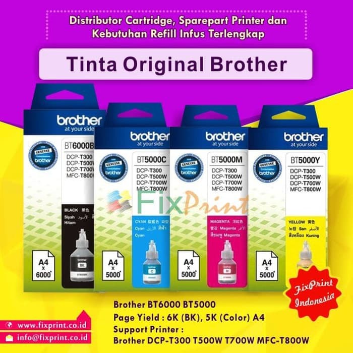 Tinta Brother BT5000 Refill Printer T500W T510W T700W T710W T800W T810W MFC-T910DW T4500DW