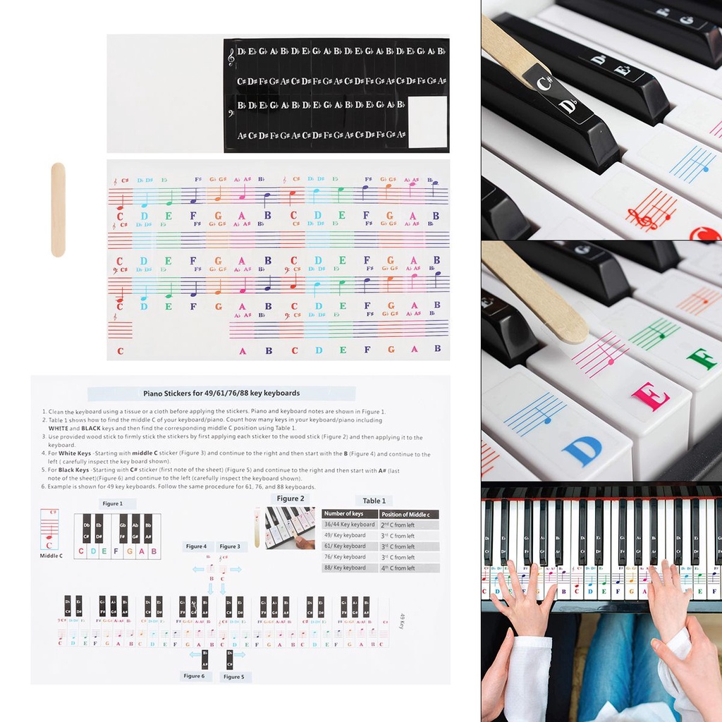 Stiker Not Balok 25 / 49 / 54 / 61 / 88 Tuts Piano / Keyboard Elektronik Transparan Warna-Warni