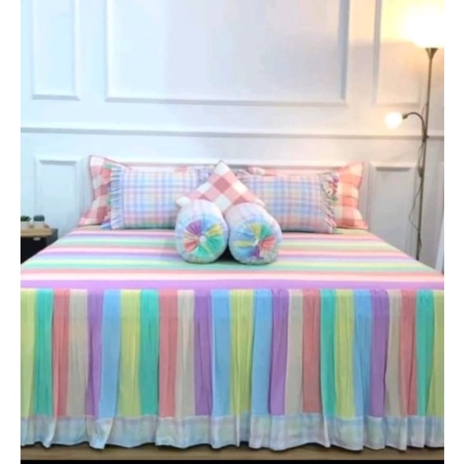 Sprei RUMBAI Motif Bubble Gum Tebal Kasur 20, 25, 30 dan 35 cm Tinggi Rumbai dari Lantai 45 sd 50 cm