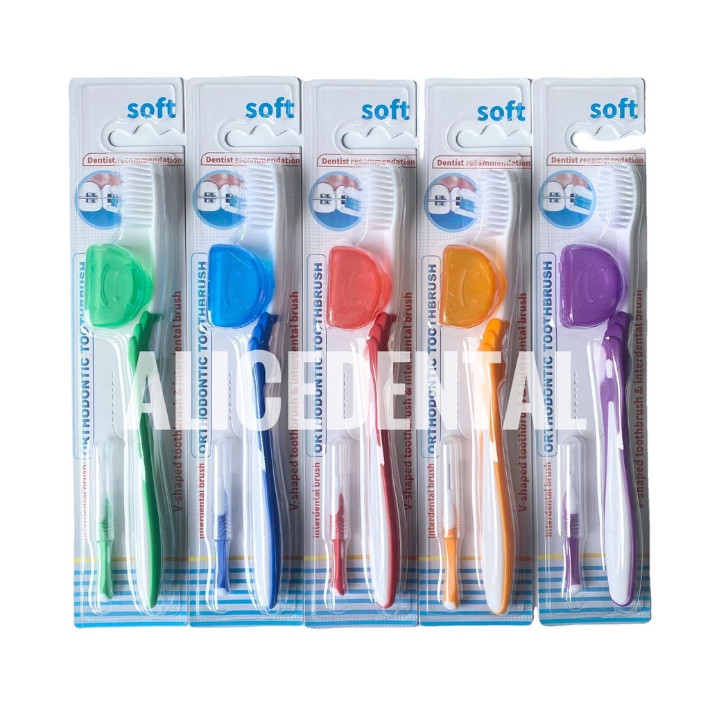 Sikat gigi ortho behel dengan tutup BONUS INTERDENTAL BRUSH SOFT bulu lembut V trim behel dr smith orthodontic toothbrush tooth brush tengah cekung pendek dr smile