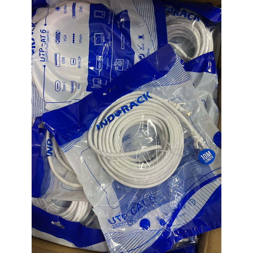 Patch Cord CAT6, 24AWG, 10 Meter Blue / White / Yellow - INDORACK 10 Meter