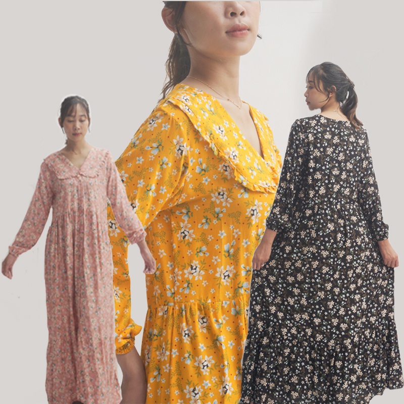 Dress Korea Wanita Muslim Korean Style Busui Long Dress Kondangan Muslimah Murah Motif Bunga Kekinia