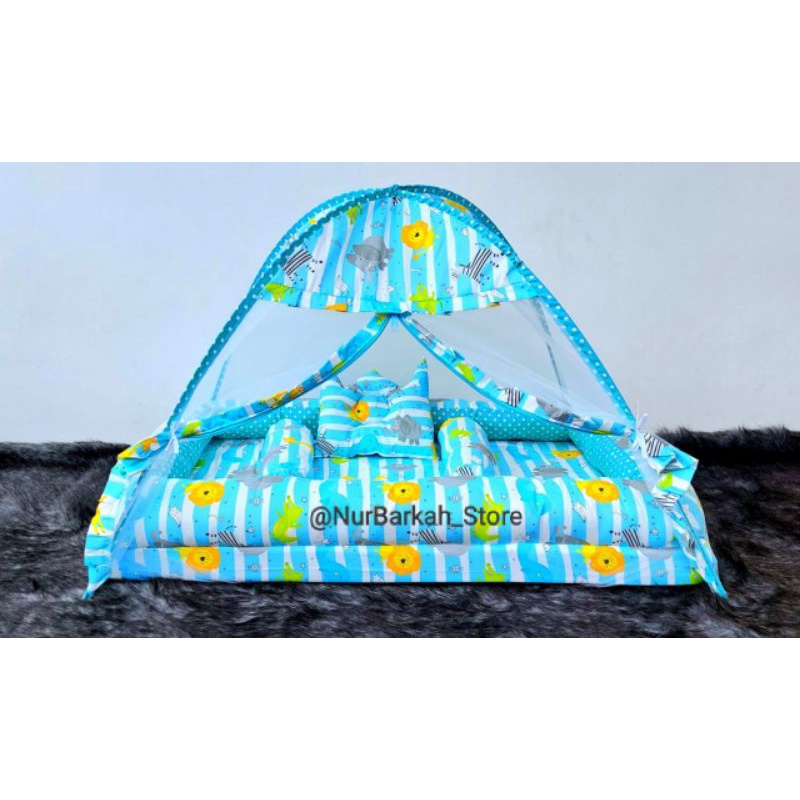 NURBARKAH KASUR KOLAM BAYI TENDA ANIMAL SINGA JERAPAH GAJAH MOTIF BIRU MUDA KARAKTER KUALITAS PREMIU