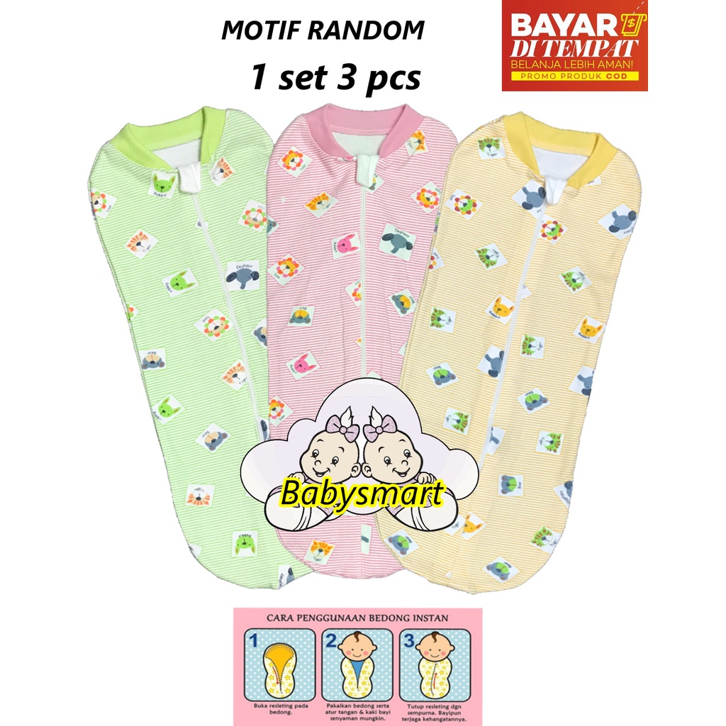 Babysmart - 3 PCS Bedong Bayi Instan Resreting tanpa Topi RYN Bahan 100% Katun DK