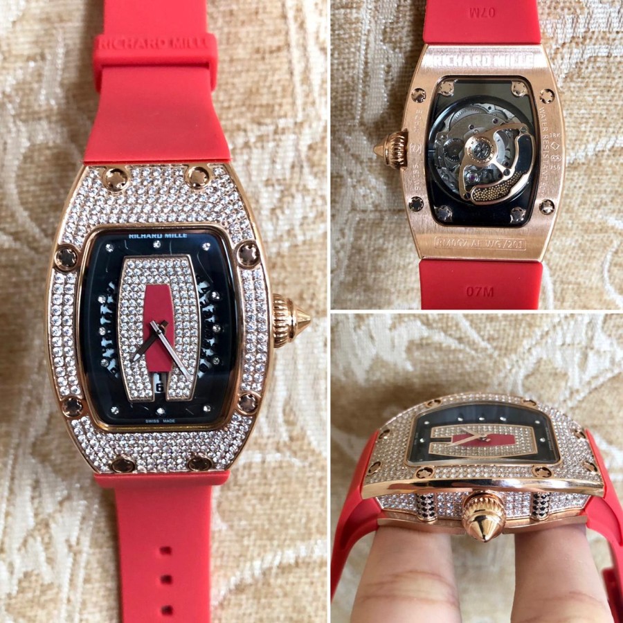 Best Seller Jam Tangan Wanita RM 007 Diamond Rosegold Red Rubber Garansi 1th