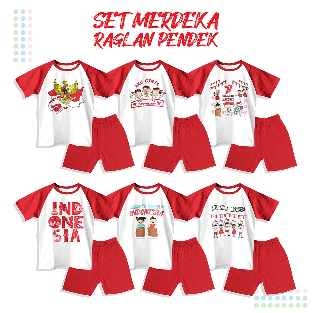 Setelan Kaos Raglan Agustusan Anak Laki-laki dan Perempuan Unisex 1-10 tahun Motif Kemerdekaan Indonesia