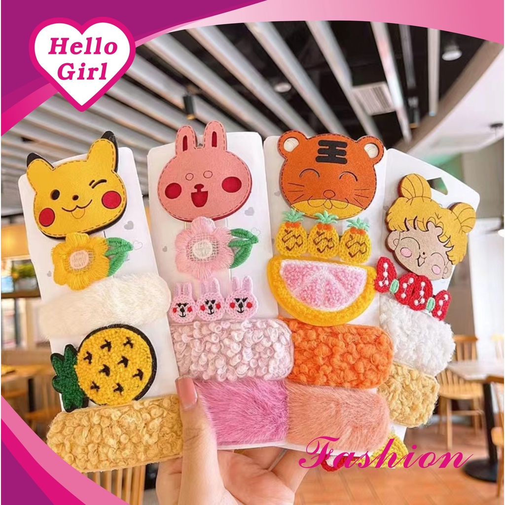 (Hello Girl)F10  5pcs Set Jepit Rambut Anak Motif Binatang Gaya Korea Import