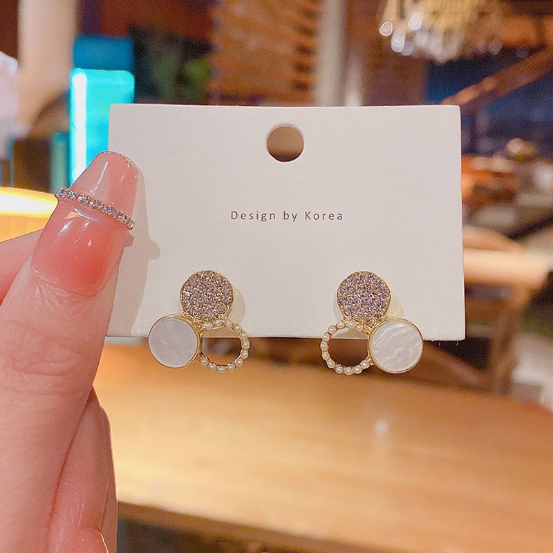 Anting Stud S925 Silver Needle Bentuk Lingkaran Kecil Aksen Berlian