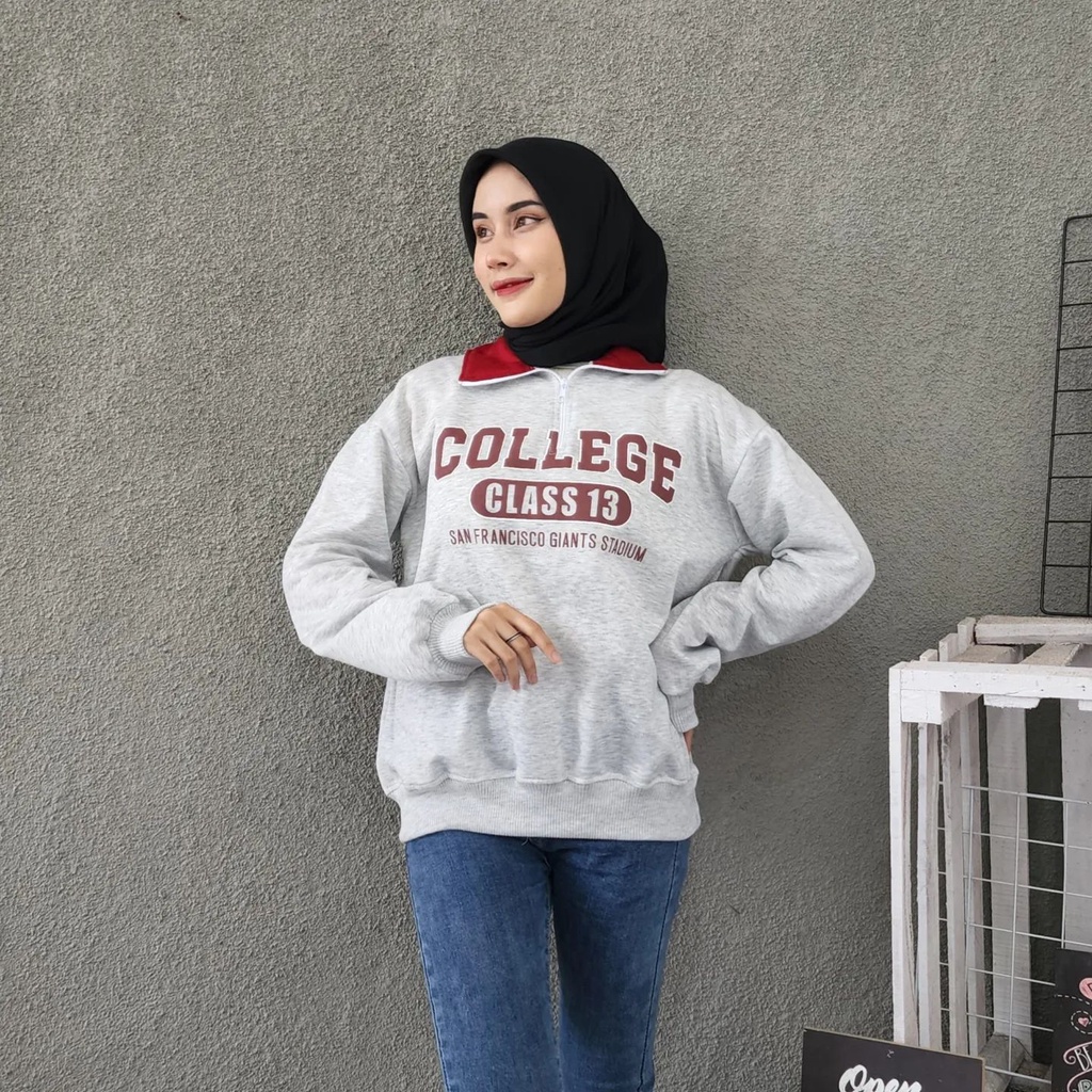 Sweater Wanita Collar Maroon College Material Fleece Premium Lengan Panjang