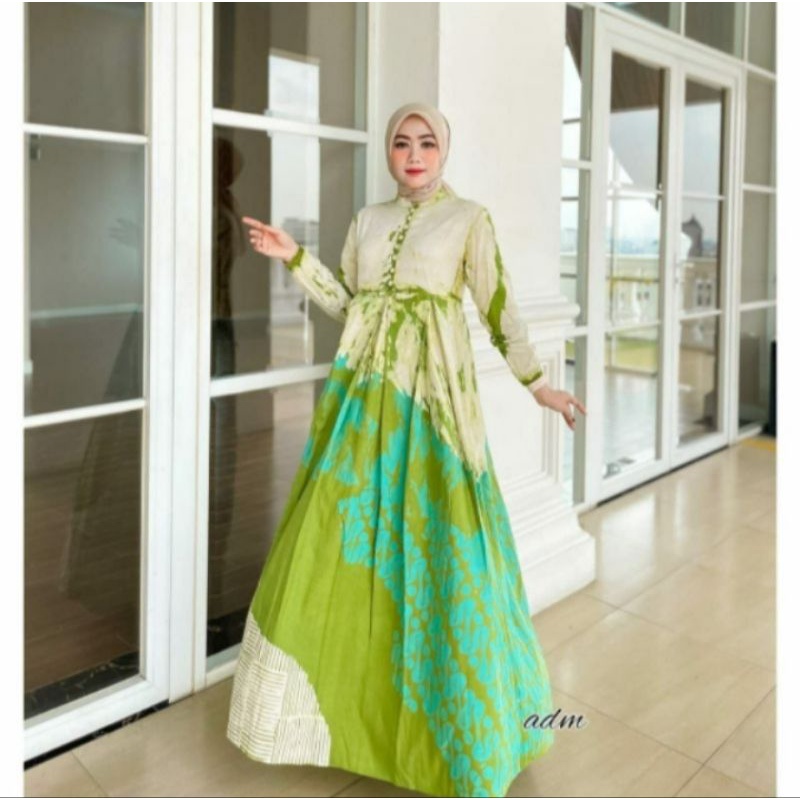 Gamis twill rayon candimekar warna hijau putih