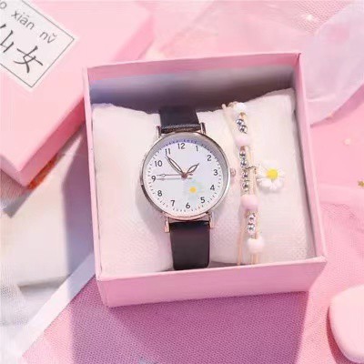 Jam Tangan Wanita Quartz Analog Fashion Gaya Korea Motif Bunga Daisy Import-41-9 Hitam
