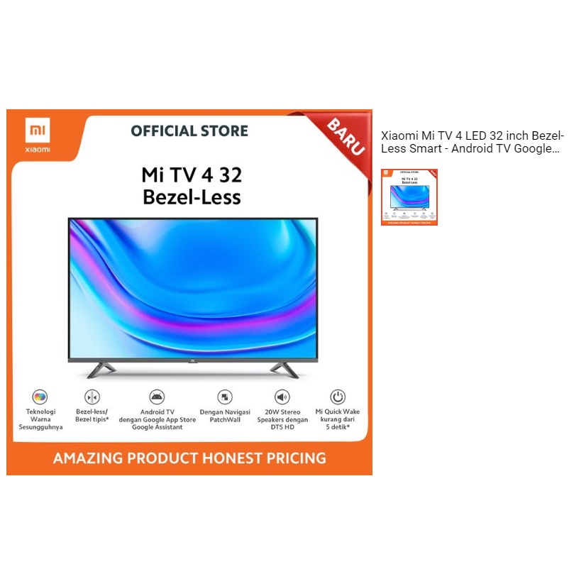 xiaomi mi tv 4 led 32 inch bezel less smart   android tv google assistant